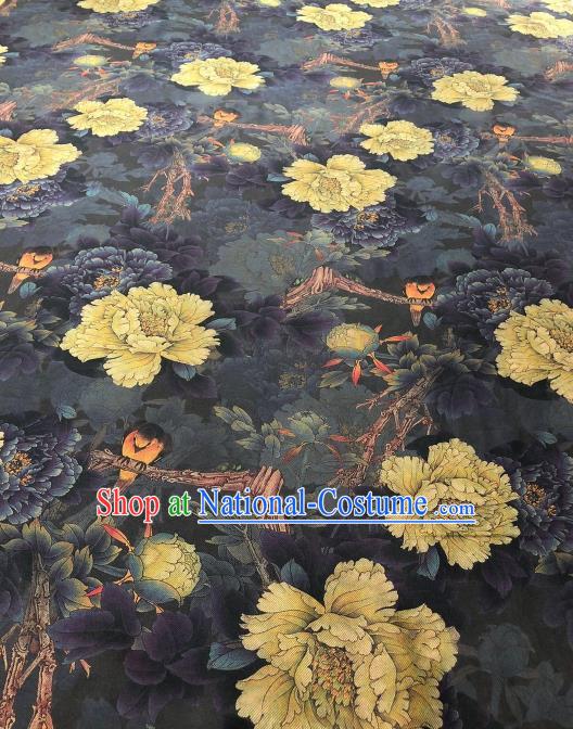 Asian Chinese Classical Peony Pattern Design Black Gambiered Guangdong Gauze Fabric Traditional Silk Material