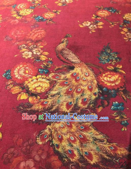 Asian Chinese Classical Peacock Peony Pattern Design Red Gambiered Guangdong Gauze Fabric Traditional Silk Material