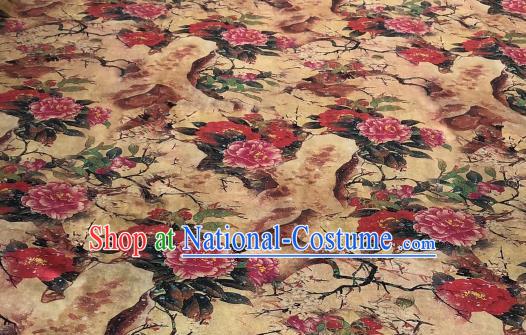 Asian Chinese Classical Peony Pattern Design Ginger Gambiered Guangdong Gauze Fabric Traditional Silk Material