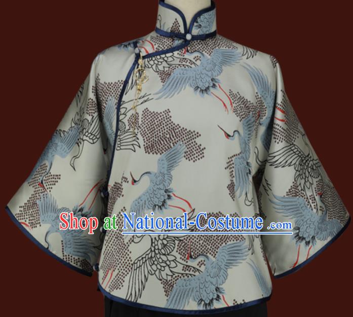 Traditional Chinese Tang Suit Printing Crane Blouse Cheongsam Upper Outer Garment for Women