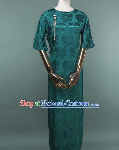 Chinese Traditional Deep Green Silk Cheongsam Costume Republic of China Mandarin Qipao Dress for Women