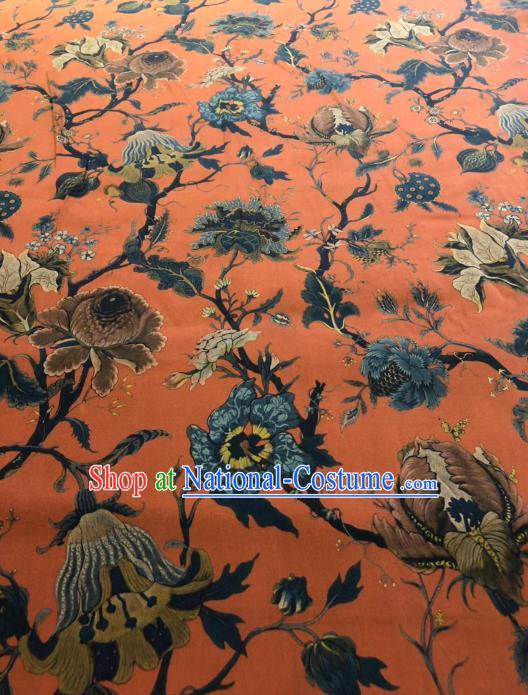 Asian Chinese Classical Flowers Pattern Design Orange Gambiered Guangdong Gauze Fabric Traditional Silk Material