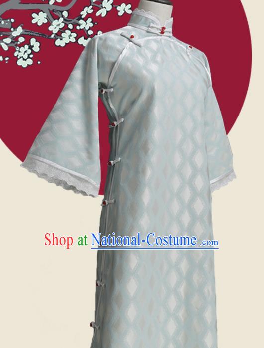 Chinese Traditional Light Blue Silk Cheongsam Costume Republic of China Mandarin Qipao Dress for Women