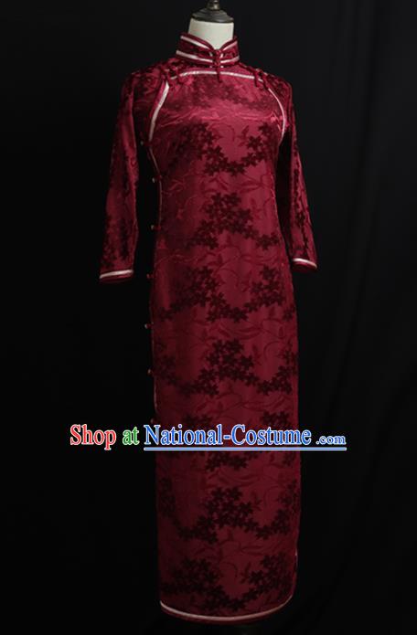 Chinese Traditional Wine Red Velvet Cheongsam Costume Republic of China Mandarin Qipao Dress for Women