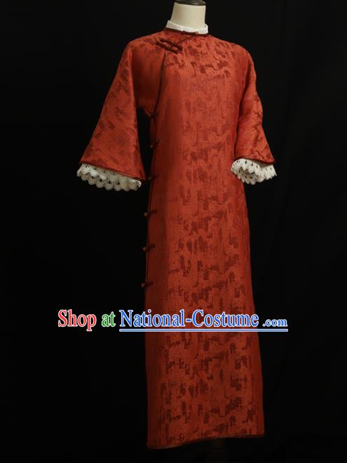 Chinese Traditional Rust Red Cheongsam Costume Republic of China Mandarin Qipao Dress for Women