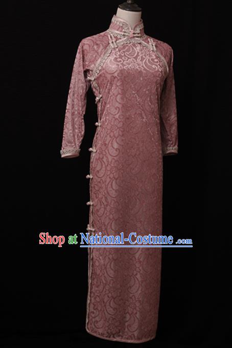 Chinese Traditional Deep Pink Velvet Cheongsam Costume Republic of China Mandarin Qipao Dress for Women