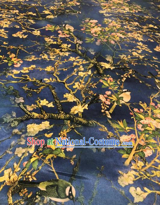 Asian Chinese Traditional Begonia Pattern Design Deep Blue Gambiered Guangdong Gauze Fabric Silk Material