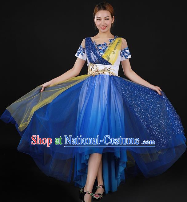 Chinese Spring Festival Gala Modern Dance Blue Dress Traditional Chorus Stage Show Costume for Women