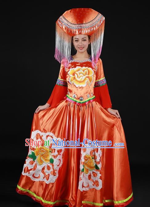 Chinese Traditional Zhuang Nationality Red Expansion Dress Ethnic Minority Folk Dance Stage Show Costume for Women