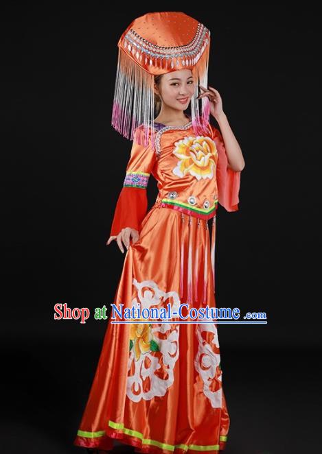 Chinese Traditional Zhuang Nationality Red Expansion Dress Ethnic Minority Folk Dance Stage Show Costume for Women