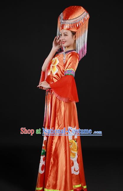 Chinese Traditional Zhuang Nationality Red Expansion Dress Ethnic Minority Folk Dance Stage Show Costume for Women