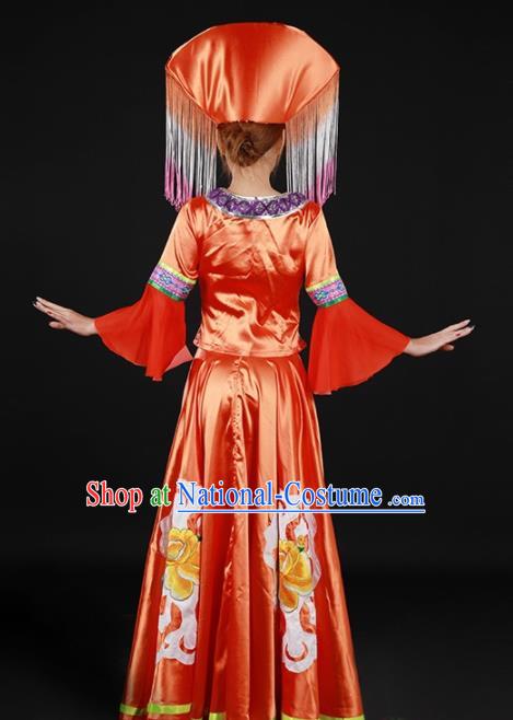 Chinese Traditional Zhuang Nationality Red Expansion Dress Ethnic Minority Folk Dance Stage Show Costume for Women