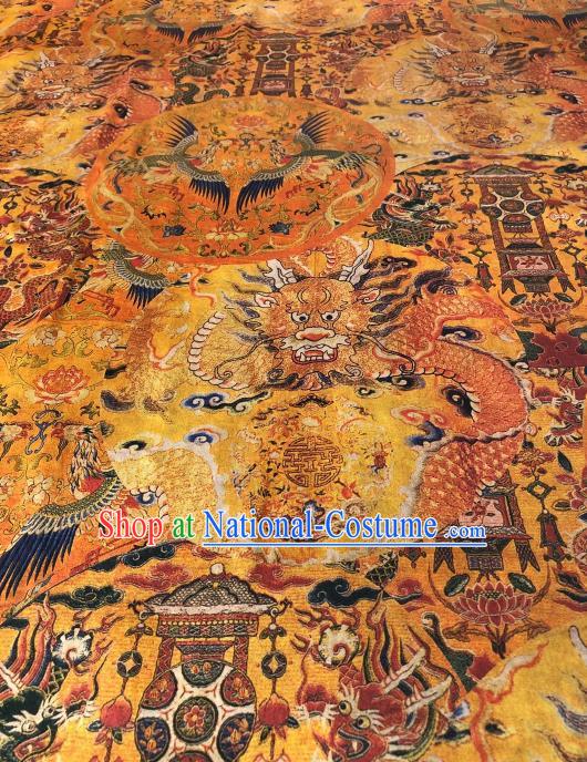 Asian Chinese Traditional Dragon Phoenix Pattern Design Golden Gambiered Guangdong Gauze Fabric Silk Material