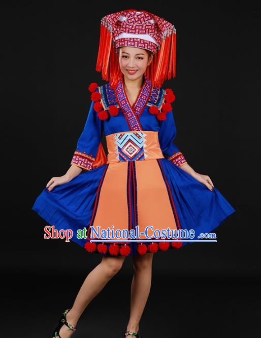 Chinese Traditional Yao Nationality Blue Short Dress Ethnic Minority Folk Dance Stage Show Costume for Women