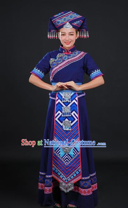 Chinese Traditional Zhuang Nationality Navy Long Dress Ethnic Minority Folk Dance Stage Show Costume for Women