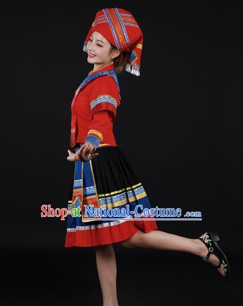 Chinese Traditional Zhuang Nationality Red Short Dress Ethnic Minority Folk Dance Stage Show Costume for Women