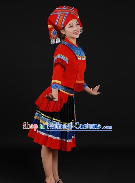 Chinese Traditional Zhuang Nationality Red Short Dress Ethnic Minority Folk Dance Stage Show Costume for Women