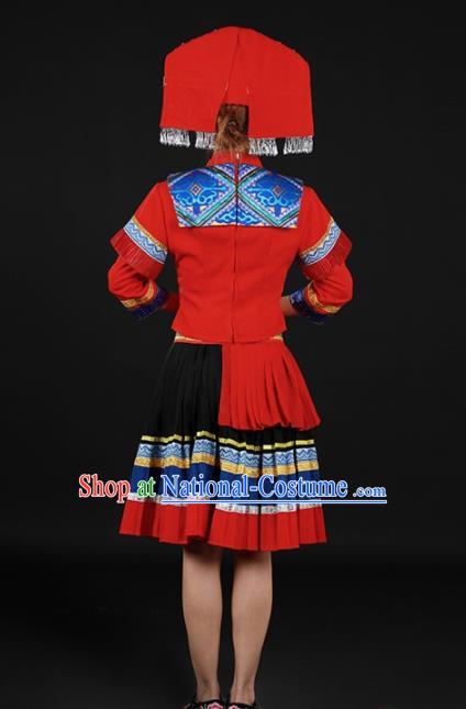 Chinese Traditional Zhuang Nationality Red Short Dress Ethnic Minority Folk Dance Stage Show Costume for Women