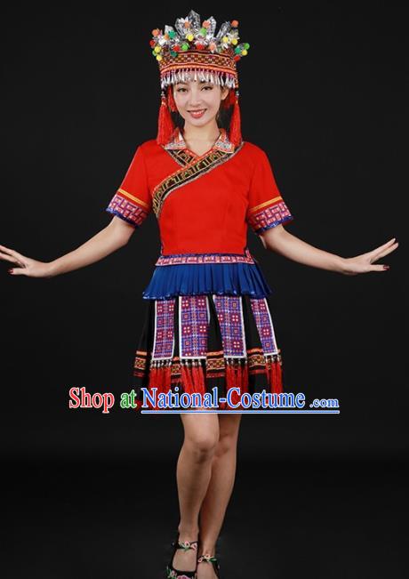 Chinese Traditional Yao Nationality Red Short Dress Ethnic Minority Folk Dance Stage Show Costume for Women