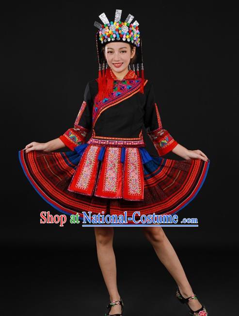 Chinese Traditional Yao Nationality Black Short Dress Ethnic Minority Folk Dance Stage Show Costume for Women