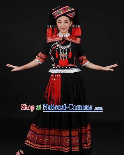 Chinese Traditional Zhuang Nationality Black Long Dress Ethnic Minority Folk Dance Stage Show Costume for Women