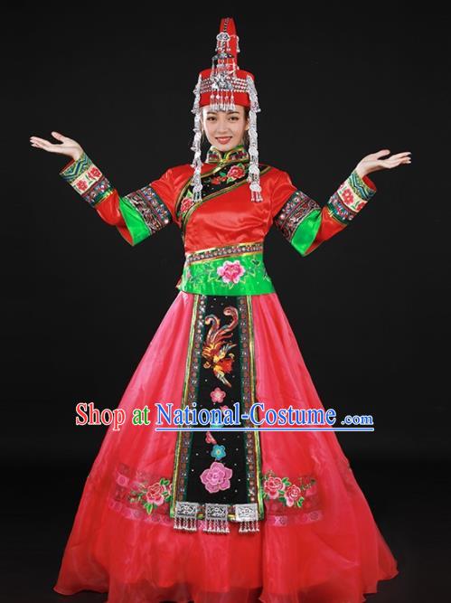 Chinese Traditional She Nationality Rosy Long Dress Ethnic Minority Folk Dance Stage Show Costume for Women