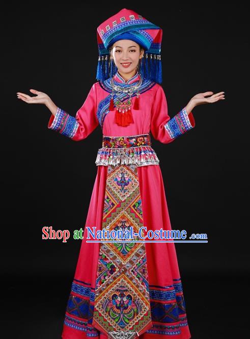 Chinese Traditional Zhuang Nationality Rosy Long Dress Ethnic Minority Folk Dance Stage Show Costume for Women