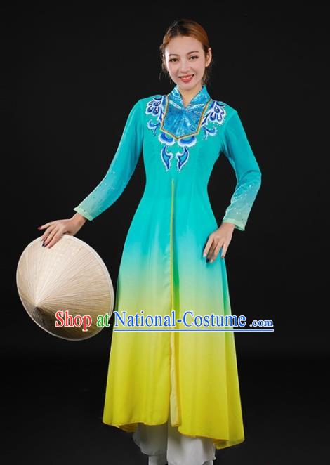 Chinese Traditional Jing Nationality Lake Blue Dress Ethnic Minority Folk Dance Stage Show Costume for Women