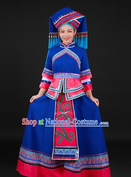 Chinese Traditional Zhuang Nationality Deep Blue Dress Ethnic Minority Folk Dance Stage Show Costume for Women