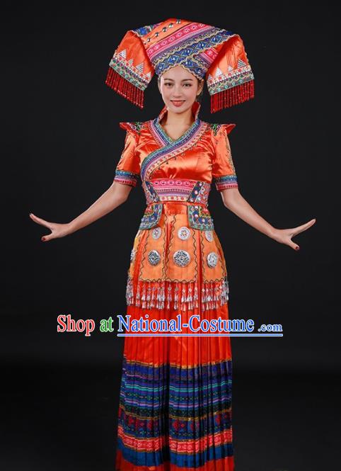 Chinese Traditional Zhuang Nationality Orange Long Dress Ethnic Minority Folk Dance Stage Show Costume for Women