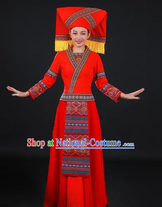 Chinese Traditional Zhuang Nationality Red Long Dress Ethnic Minority Folk Dance Stage Show Costume for Women