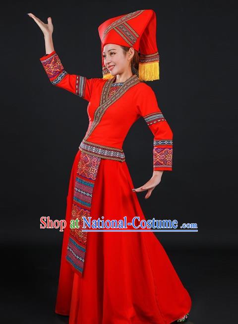 Chinese Traditional Zhuang Nationality Red Long Dress Ethnic Minority Folk Dance Stage Show Costume for Women