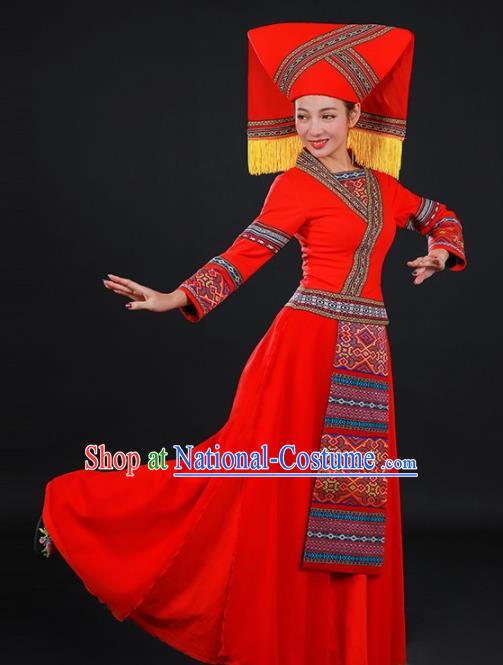 Chinese Traditional Zhuang Nationality Red Long Dress Ethnic Minority Folk Dance Stage Show Costume for Women