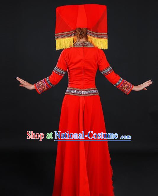 Chinese Traditional Zhuang Nationality Red Long Dress Ethnic Minority Folk Dance Stage Show Costume for Women