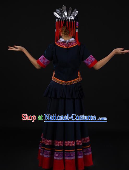 Chinese Traditional Yao Nationality Black Long Dress Ethnic Minority Folk Dance Stage Show Costume for Women