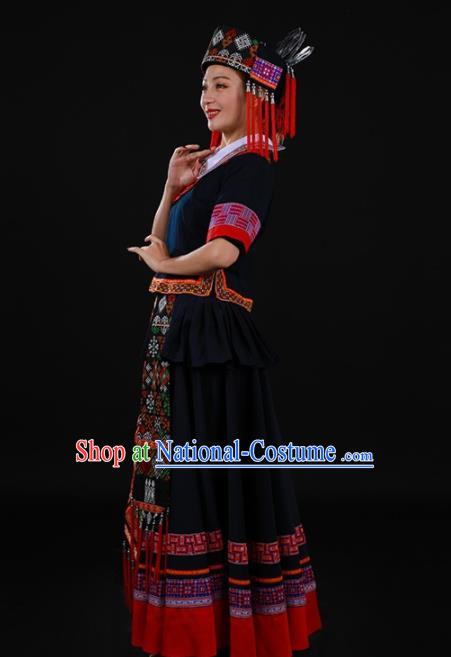 Chinese Traditional Yao Nationality Black Long Dress Ethnic Minority Folk Dance Stage Show Costume for Women