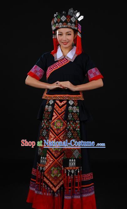 Chinese Traditional Yao Nationality Black Long Dress Ethnic Minority Folk Dance Stage Show Costume for Women