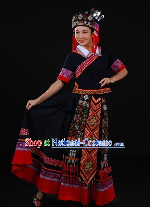 Chinese Traditional Yao Nationality Black Long Dress Ethnic Minority Folk Dance Stage Show Costume for Women