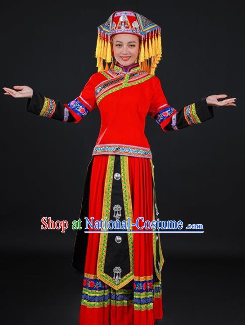 Chinese Traditional Yao Nationality Red Long Dress Ethnic Minority Folk Dance Stage Show Costume for Women