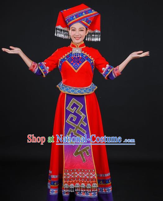 Chinese Traditional Zhuang Nationality Stage Show Red Long Dress Ethnic Minority Folk Dance Costume for Women