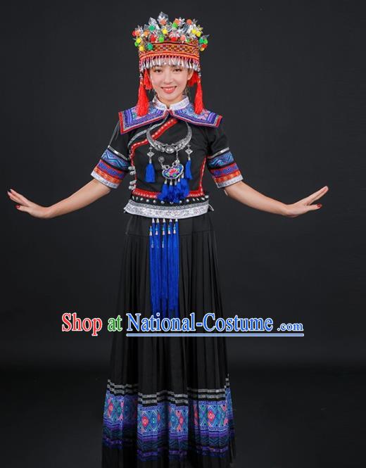 Chinese Traditional Yao Nationality Stage Show Black Long Dress Ethnic Minority Folk Dance Costume for Women