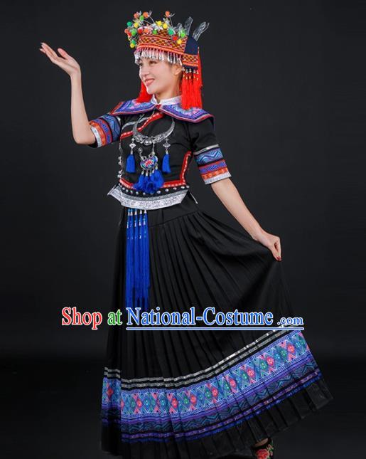 Chinese Traditional Yao Nationality Stage Show Black Long Dress Ethnic Minority Folk Dance Costume for Women