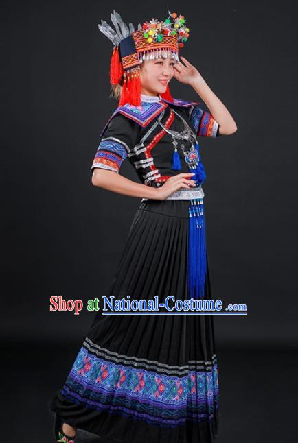 Chinese Traditional Yao Nationality Stage Show Black Long Dress Ethnic Minority Folk Dance Costume for Women