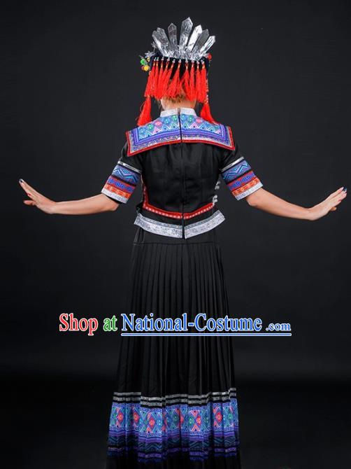 Chinese Traditional Yao Nationality Stage Show Black Long Dress Ethnic Minority Folk Dance Costume for Women