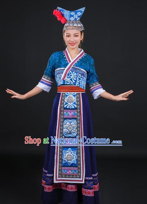 Chinese Traditional Dong Nationality Stage Show Navy Long Dress Ethnic Minority Folk Dance Costume for Women