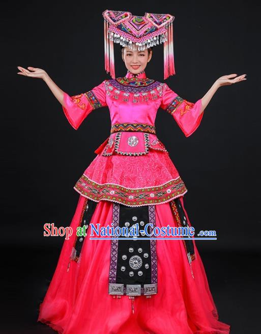 Chinese Traditional Zhuang Nationality Stage Show Embroidered Rosy Dress Ethnic Minority Folk Dance Costume for Women