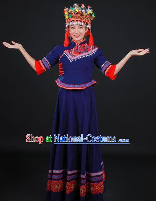 Chinese Traditional Miao Nationality Stage Show Navy Dress Ethnic Minority Folk Dance Costume for Women