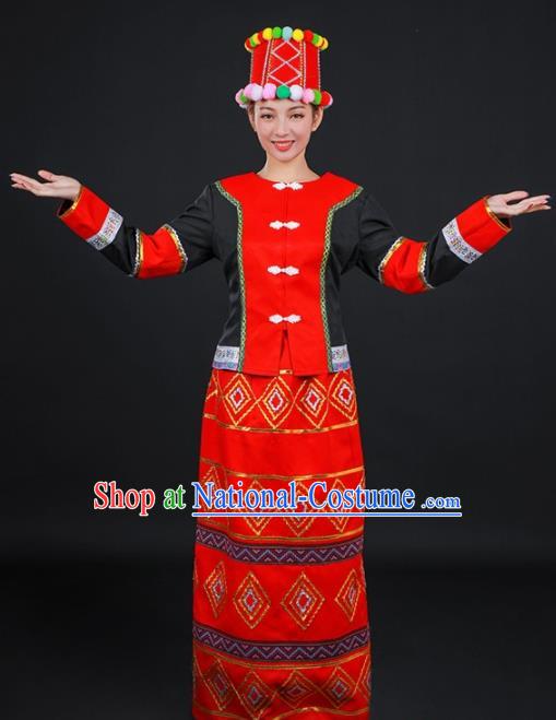 Chinese Traditional Jingpo Nationality Stage Show Red Dress Ethnic Minority Folk Dance Costume for Women