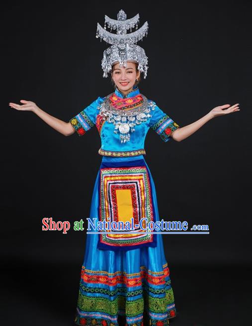 Chinese Traditional Shui Nationality Stage Show Blue Dress Ethnic Minority Folk Dance Costume for Women