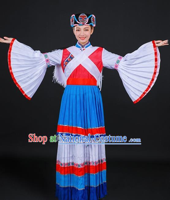 Chinese Traditional Lijiang Naxi Nationality Stage Show Blue Dress Ethnic Minority Folk Dance Costume for Women